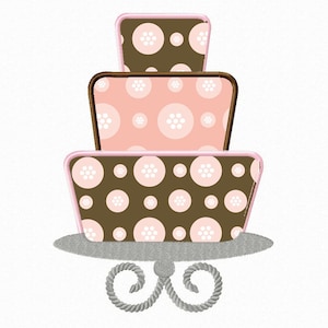 May include: A three-tiered cake with brown and pink polka dot patterns, decorated with white buttons. The cake is on a silver stand with a decorative scroll design.