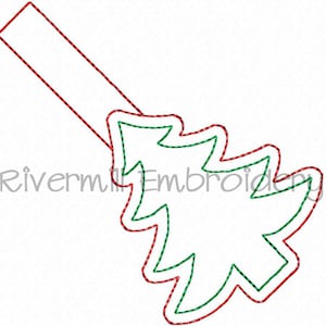 May include: Red and green outline of a Christmas tree with a red and white striped rectangle at the top.