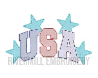 Raggy Bean Stitch Applique USA With Stars Machine Embroidery Design - 4 Sizes - Instant Download PES DST Digital File
