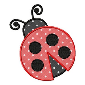 May include: A red ladybug with black spots and a black head with white polka dots. The ladybug is missing a piece of its shell.