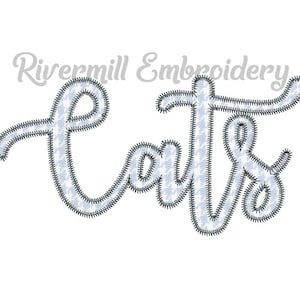 May include: Embroidered design of the word "cute" in a white and blue patterned font. The design is outlined in black thread.