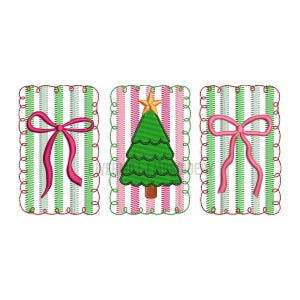 May include: Embroidered Christmas-themed designs on rectangular backgrounds. The designs include a green Christmas tree with a gold star, and pink bows. The backgrounds have green and pink vertical stripes, with a scalloped border.