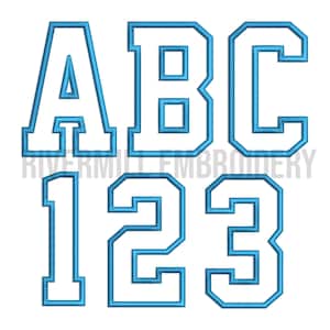 May include: A collection of embroidered letters and numbers in a collegiate style. The letters A, B, and C, along with the numbers 1, 2, and 3, are displayed in a light blue color with a contrasting outline. The text "RIVERMILL EMBROIDERY" is visible.
