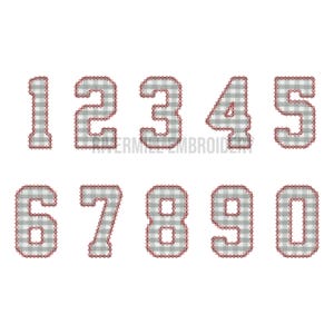 Könnte beinhalten: Zehn graue und weiße Gingham-Zahlen mit roten Nähten. Die Zahlen sind 1 bis 10.