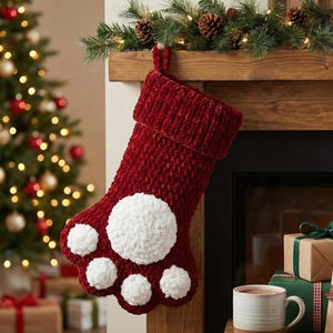 Puede incluir: Un calcetín navideño rojo con un diseño de huella de pata blanca. El calcetín está hecho de un material grueso y texturizado y cuelga de una repisa de madera adornada con vegetación y piñas. Un árbol de Navidad con luces está al fondo.