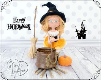 Cute Witch Crochet Pattern PDF, Halloween Amigurumi Doll (23cm)