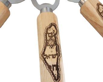Wooden Bottle Opener with Israel Engraving – Mystical Judaica Decor & Practical Chanukah Gift