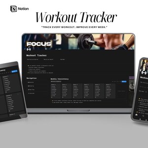 Puede incluir: Un rastreador de entrenamiento digital que se muestra en una computadora portátil, una tableta y un teléfono inteligente. La pantalla de la computadora portátil muestra un plan de entrenamiento detallado con el texto "Workout Tracker". La tableta y el teléfono muestran interfaces similares.