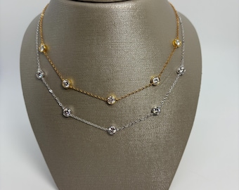Certified Moissanite Bezel Station Sterling Silver Necklace, Moissanite Bezel Chain Necklace, 925 Station Necklace