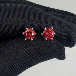 Certified Red Moissanite Stud Earrings, Red And Silver Moissanite Earrings, Red 6 Prong Sterling Silver Studs