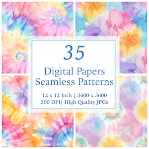 Könnte beinhalten: Eine Sammlung von 35 digitalen nahtlosen Mustern mit einem Batik-Design in Rosa, Gelb, Blau und Lila. Jedes Muster misst 30,48 x 30,48 cm und hat eine Auflösung von 3600 x 3600 Pixeln bei 300 DPI. Der Text "Digital Papers Seamless Patterns" ist enthalten.