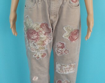 Upcycled Rose Patchwork Jeans: Beige Tan Denim, Frayed Edges (Size Large)