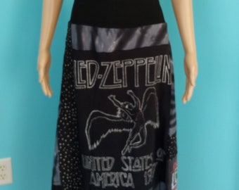 Upcycled PATCHWORK Concert Tee Midi Skirt Rock n' Roll ZEPPELIN Handmade Boho Size: XL