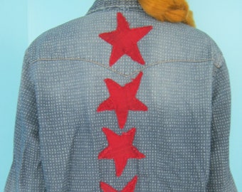 Distressed Denim Blue STAR Frayed Shirt Cottagecore Upcycled Red Stars BOHO Summer Country Concert Festival Clothing Size: Medium