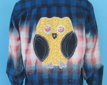 Patchwork OWL Flannel Blue Bleach Splattered Plaid BEE Heart & Denim Cottagecore Upcycled BOHO Summer Concert Festival Clothing Size: Small
