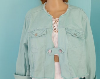 Upcycled Turquoise DENIM Jacket Cropped PLUS SIZE Frayed Edges Cottage Core Clothing Size: 3X