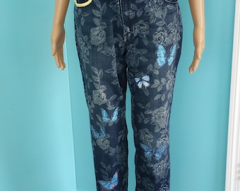 Handmade Butterfly Jeans UPCYCLED Floral Denim Patchwork Size: 12 (waist 36")