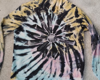 Pastel Tie Dye Patchwork BLACK SUNSHINE Hoodie Upcycled Sweatshirt Pocket Oversized Streetwear Size: Medium