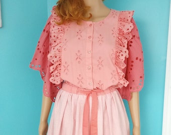 Cottagecore Peach Pink Coral Handmade Dress Ruffles & Eyelet UPCYCLED Vintage Fabrics BOHO Style Size: Large