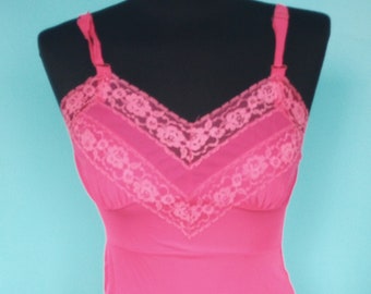 Vintage HOT PINK Full Lace Ruffle Slip Dress Valentine's Gift for Her Size: Small