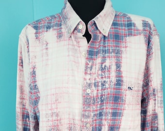 PINK & BLUE Plaid Bleach Splattered Flannel Upcycled Cottage core Boho Country Clothing Size: Large