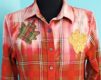 Red & Brown Plaid Flannel Shirt FALL Leaves Patchwork Ruffle Upcycled Bleach Splattered Cottagecore Bohemian Size: 10P