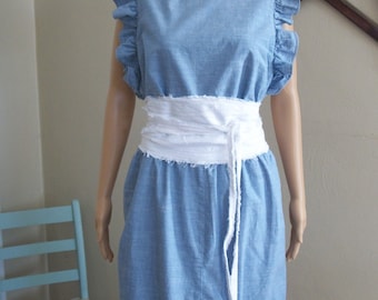 Upcycled Denim Ruffle Dress: Plus Size White Obi Belt, Copper Accents