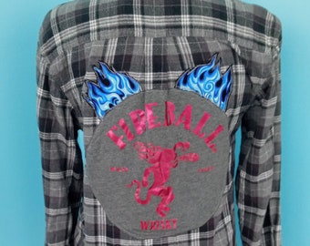 Upcycled Gray FIREBALL Flannel Upcycled Dancing Devil & Flames Size: Small