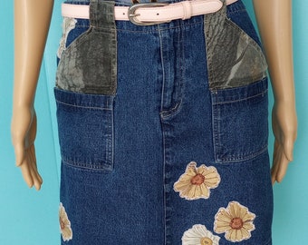 DAISY & CAMO Denim Skirt Patchwork Handmade Upcycled Vintage Embroidery Size: S/M