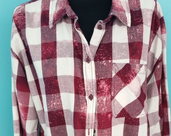 MAGENTA Purple Plaid Flannel Bleach Splattered Cottagecore BOHO Festival Clothing Size: XLarge