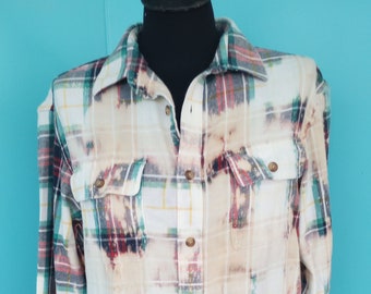 Red, Green & Cream Plaid Bleach Splattered Flannel Upcycled Cottage core Boho Country Clothing Size: Medium