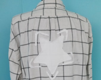 White Winter Plaid Patchwork Shirt STARS Raw Edges Cottagecore Upcycled BOHO Clothing Size: XLarge