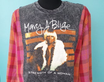 Mary J. Blige Pink & Orange Plaid Flannel Tshirt Upcycle HIP HOP Streetwear Size: Large/XLarge