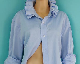 Upcycled Light Blue OXFORD Classic Dress shirt with RUFFLE Collar PLUS Size: 2X