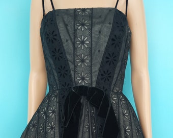 Vintage 1950s Black Party Dress Eyelet Silk Organza Velvet Straps Size: Medium