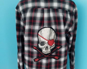 Red & Black Upcycled Plaid Flannel Skull and Heart Boho Festival Clothing Size: Medium