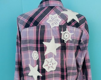 PURPLE Plaid Flannel Shirt STARS & SNOWFLAKES Raw Edges Cottagecore Upcycled Boho Clothing Size: Small