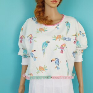 KITSCHY Pastel Parrot & Toucan Cropped Sweatshirt Street Wear Upcycled Pom-Pom Trim Size: Large/XLarge Chubbies Ambassador image 1