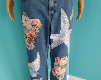 Handmade Magnolia Inspired Jeans with PINK roses & Blue birds UPCYCLED Patchwork Denim Distressed and Frayed Size: 16