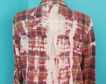 PINK & Brown Plaid Flannel Bleach Splattered Cottagecore BOHO Festival Clothing Size: Large