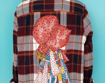 HOLLY HOBBIE Burnt Red Patchwork Plaid Flannel Shirt Upcycled Vintage 80's Cottage core Size: XLarge