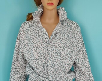 Pink Floral menswear Blouse Upcycled with RUFFLE Collar Size: Large (Slim)