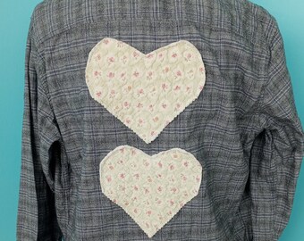 Gray Soft Plaid Flannel Green Quilted Vintage HEARTS Shirt Boho Festival Clothing Size: Small