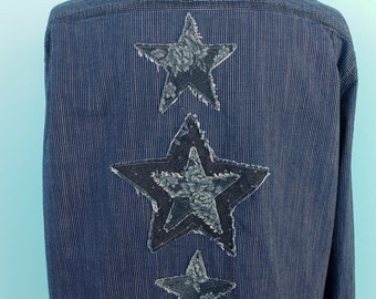 Striped DENIM Distressed Shirt STAR Frayed Shirt Cottagecore Upcycled BOHO Festival Clothing Size: XLarge