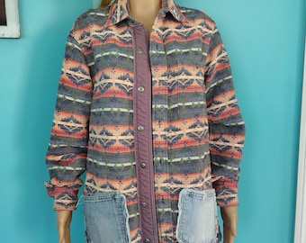 Upcycled Southwest Chore Coat: Denim Pockets, Handmade Shirt Jacket (Large)