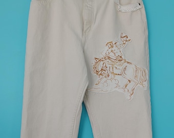 Off-White Denim Jeans with Upcycled Vintage Linen COWBOY Rodeo Horse Embroidery, Size 12