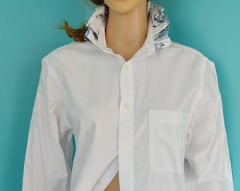 Upcycled White Oxford Shirt with Blue Floral Ruffle Collar (Size Small/Medium)