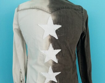 Brown Bleached DENIM STAR Long Duster Shirt Dress Frayed Edges Cottagecore Upcycled BOHO Festival Clothing Size: XSmall
