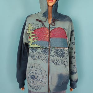 Teal Green Bleached Full-Zip Hooded Sweatshirt Mountain Tree UPCYCLED Oversized Streetwear Size: Medium