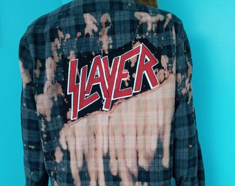 Upcycled SLAYER Plaid Flannel Shirt Bleach Splattered Boho Festival Clothing Size: Medium